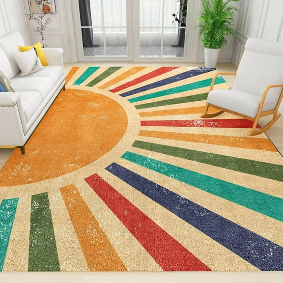 Boho Mid-Century Classroom Area Rug, Lines Orange Geometric Rugs for Living Room, Indoor Non-Slip Rugs, Washable Carpet for Front Entrance Floor Decor 2x3 ft