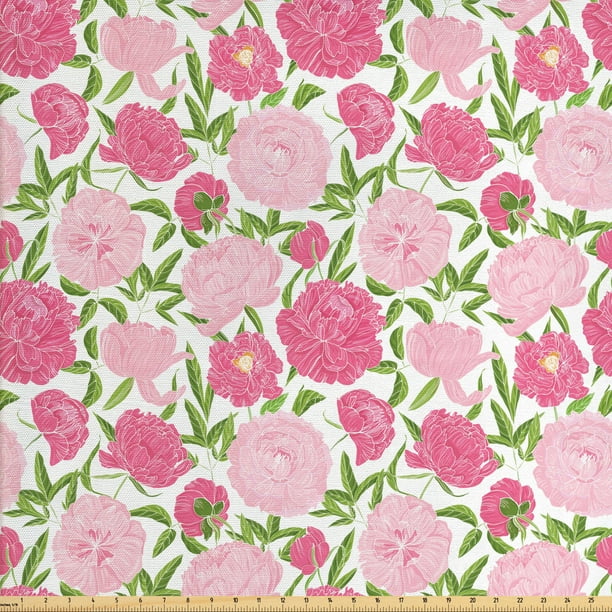 Peony Fabric by The Yard, Continuous Simplistic Romantic Pink Tones Flowers, Decorative Fabric