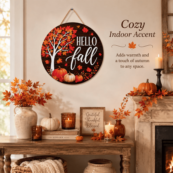 Hello Fall Round Wooden Hanging Sign, Rustic Farmhouse Autumn Maple Leaf Pumpkin Welcome Plaque for Front Door Porch Wall, Harvest Thanksgiving Home Decor