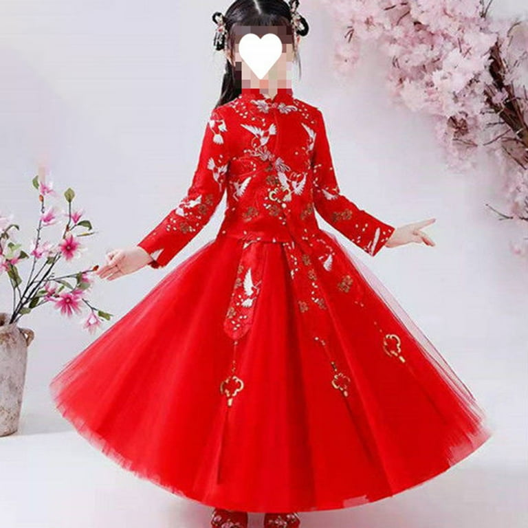 Enjocho Girls Chinese Traditional Dress New Year Loral Embroidered Chinese Knot Mesh Sleeve Tutu Tulle Skirt Set Traditional Chinese Dress Loral