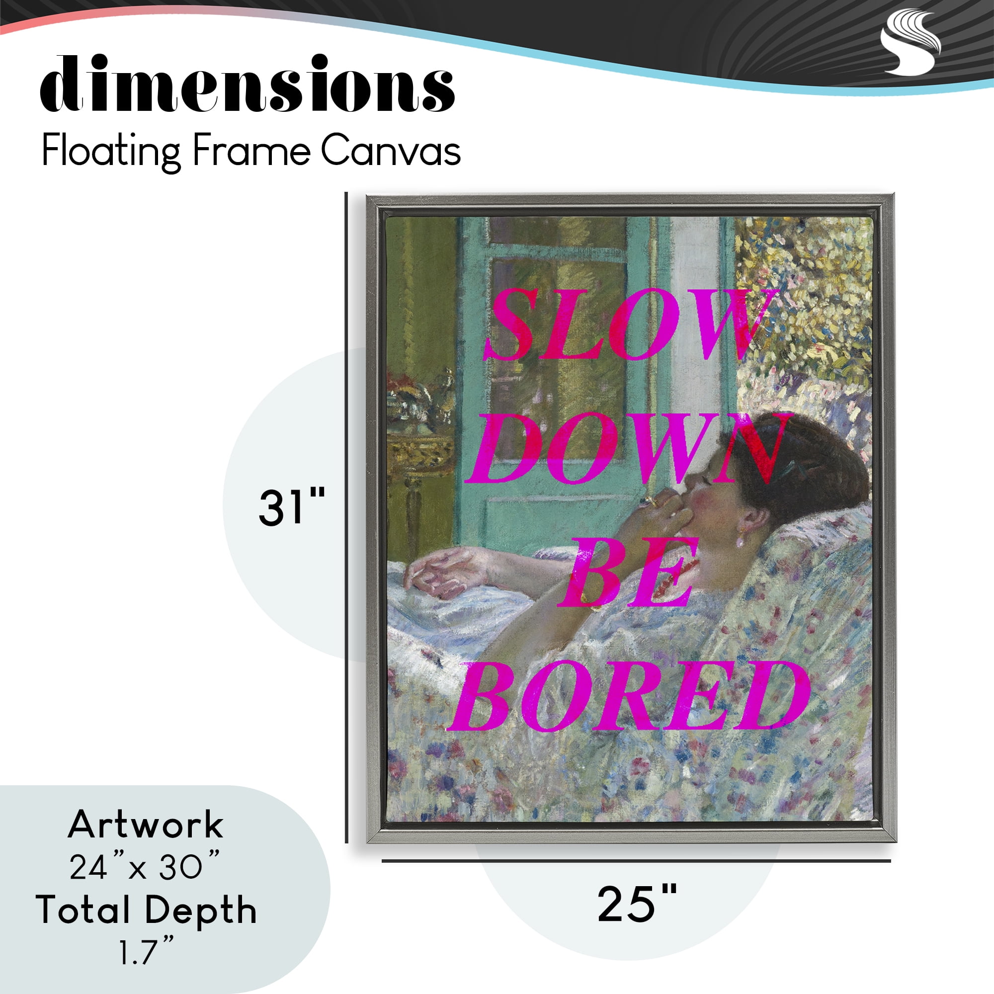 Slow Down Be Bored Classic Gray Framed Floater Canvas Wall Art, design by Lil' Rue