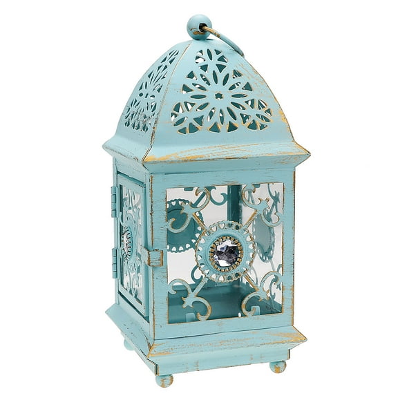 WHAMVOX Blue Iron and Glass Candle Lantern for Decoration Creates Warm Ambience Suitable for Hanging or