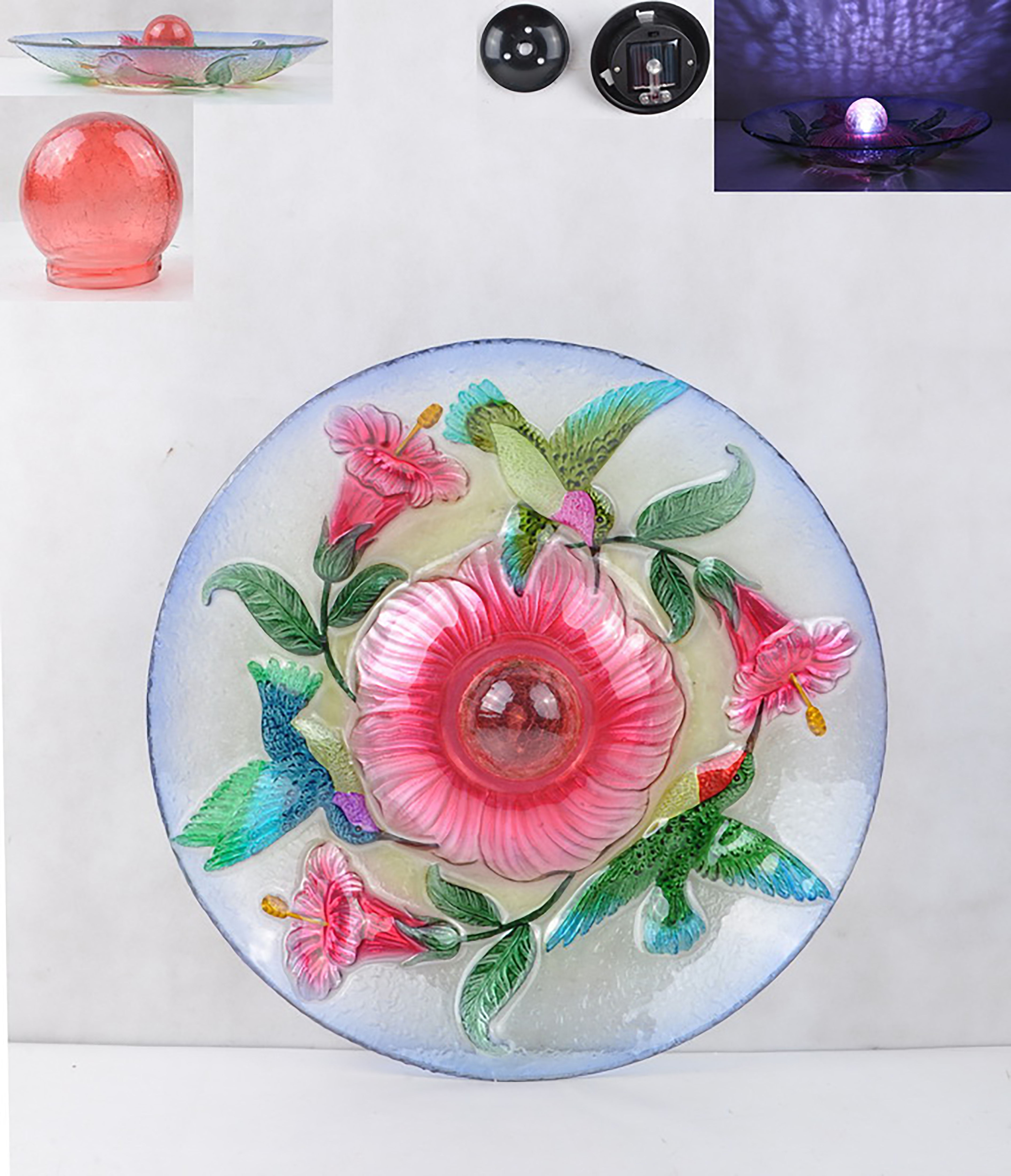 SOLAR ORB FLORAL GLASS HUMMINGBIRD BIRD BATH WITH STAND
