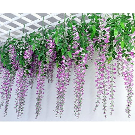 24 Artificial Silk Flower Stem - e-Joy 3.6 Feet Artificial Wisteria Vine Ratta Silk Hanging Flower Wedding Decor, 24 Pieces Purple