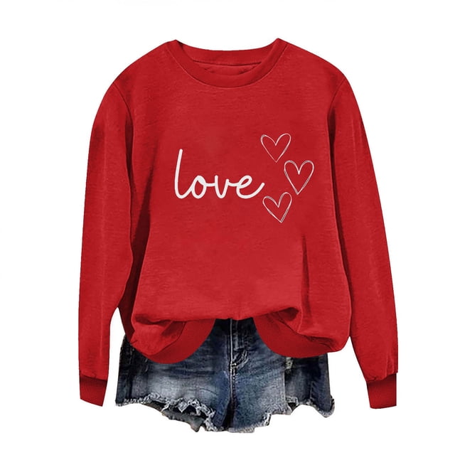 Sudadera Penkiiy Valentine para mujer: lindas camisetas del día de San Valentín Love Heart Graphic Print Suéter de manga larga Tops M Red