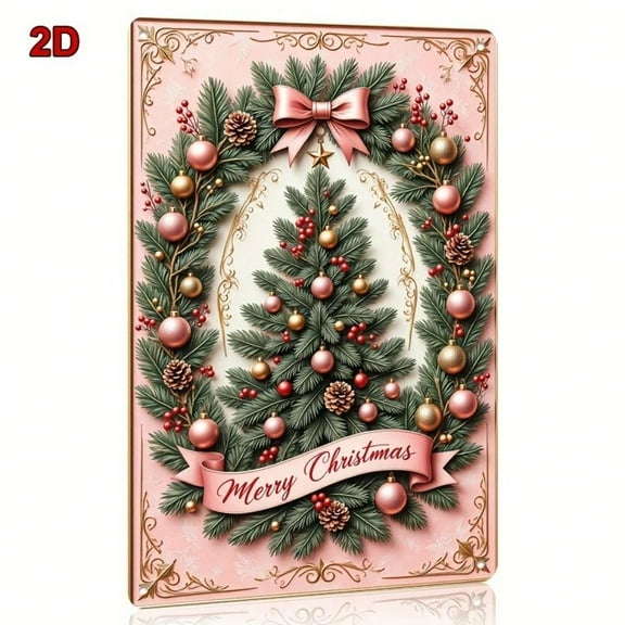 HELLOYOUNG 2D Flat, 1pc, Vintage Metal Tin Sign - Pink Christmas Tree with Red Berries, Golden Ornaments & Bow, Merry Christmas Script - Holiday Wall Decor for Home, Cafe, Bar, Christmas Tree Decor