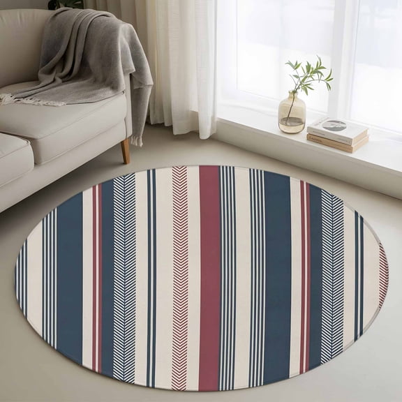 Round Area Rug 3 Ft, Colorful Boho Washable Non-Slip Circle Carpet for Living Room/Bedroom, Vintage Farmhouse Red Blue Abstract Striped Low-Profile Small Floor Mats Collection Rugs for Indoor
