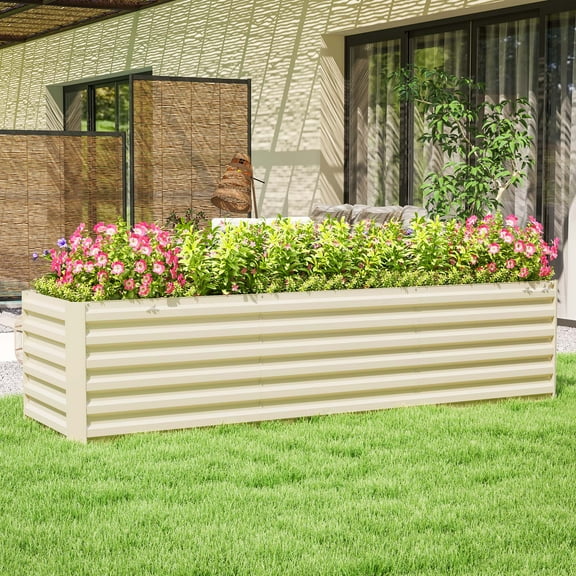 Outsunny 8x2x2ft Galvanized Raised Garden Bed Kit, Large Outdoor Metal Elevated Planter Box with Safety Edging for Flowers, Vegetables, Cream White