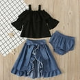 TAIAOJING Girls' Summer Clothing Set Black Half Sleeved Off Shoulder Suspender Top Split Denim Skirt Three Piece Set Black Jacket For 3-4 Years