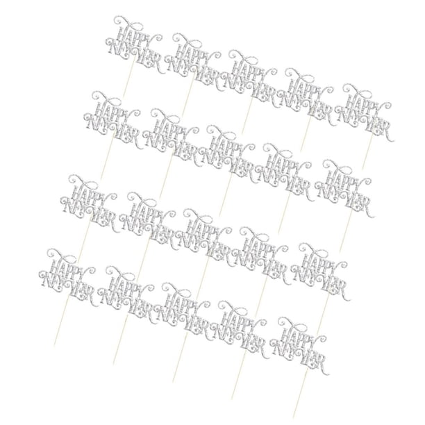 Paquete de 20pcs Feliz año nuevo Eva Glitter Carta DIY Cupcake Selecciones Decoración de Suministros para Fiestas Plata BLESIY
