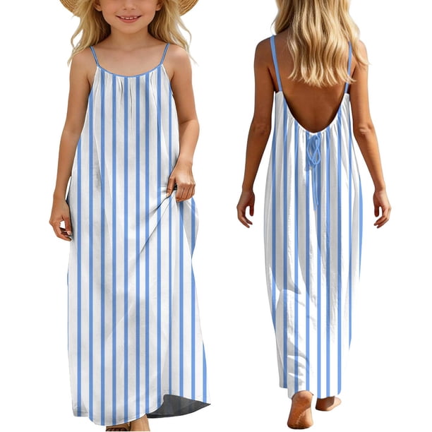 Vestido sin mangas con cuello redondo para niñas, moda para niñas, bonito vestido largo con estampado de rayas y cordón en la espalda, suelto y con tirantes.