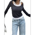 thumbnail image 1 of Chemises à Manches Longues pour Femmes Col Rond Décontracté Faux Deux Pièces Ajusté Côtelé Tops Été Automne Travail Tee Gris Foncé L, 1 of 8