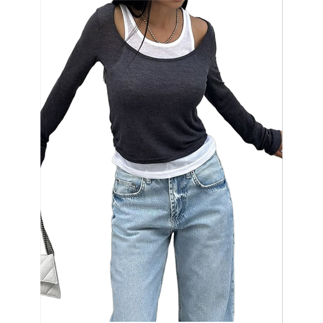 Chemises à Manches Longues pour Femmes Col Rond Décontracté Faux Deux Pièces Ajusté Côtelé Tops Été Automne Travail Tee Gris Foncé L