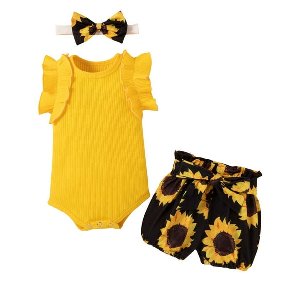 Body De Bebé, Conjunto De Canastilla, Monos Para Niñas Pequeñas, Top De Manga De Encaje, Pantalones Cortos De Girasol, Tocado, Ropa, Traje Amarillo Odeerbi LM103-994