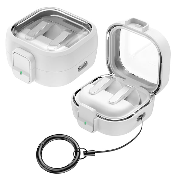 Sanwo Protective Case for Samsung Galaxy Buds 4 & Buds 4 Pro, Hard PC Locking Cover with Carabiner, Wireless Charging Compatible, White