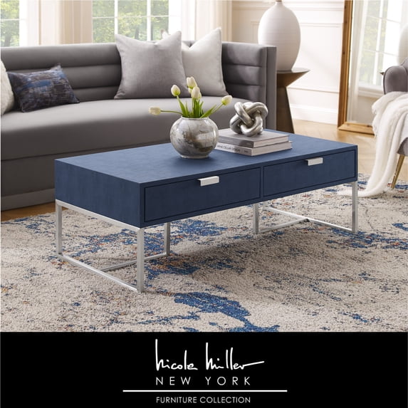 Nicole Miller Jaheim Faux Shagreen Coffee Table with 2 Drawers, Navy/Chrome