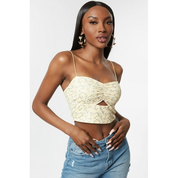 Urban Planet Women's Floral Ribbed Cut-Out Cropped Tank 