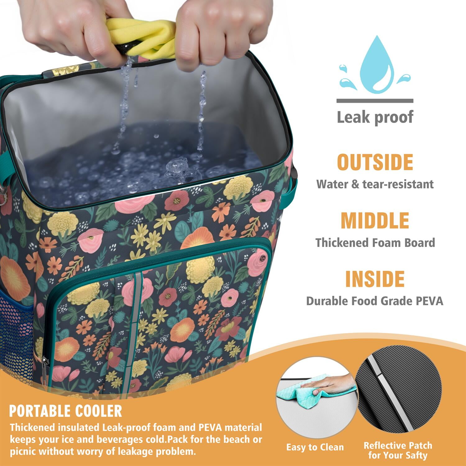 Travel Cooler Bag - Pioneer Flower Floral Print Pattern Camping Beer Cooler Backpack with Bottle Opener- Waterproof Insulated Picnic Backpacks - Cooler Bag for Beach