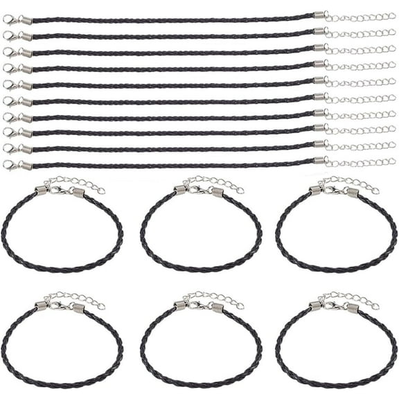 40Pcs Bracelet Cords with Clasp Bracelet Cord Bulk Black 3mm Imitation Leather Lace Plaited Trendy Iron Clasp Extended Chains Ropes Accessory for Jewelry Making Bracelets DIY Crafts