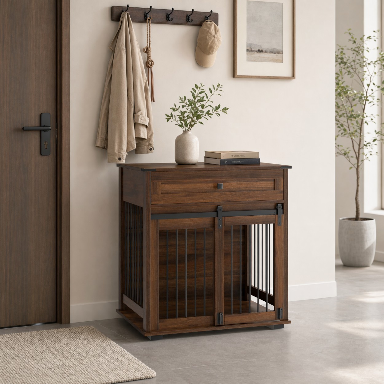 Dog Crate Furniture with Sliding Barn Door, Storage Drawer & Metal Bars, Heavy Duty Indoor Kennel End Table for Small & Medium Dogs, Walnut