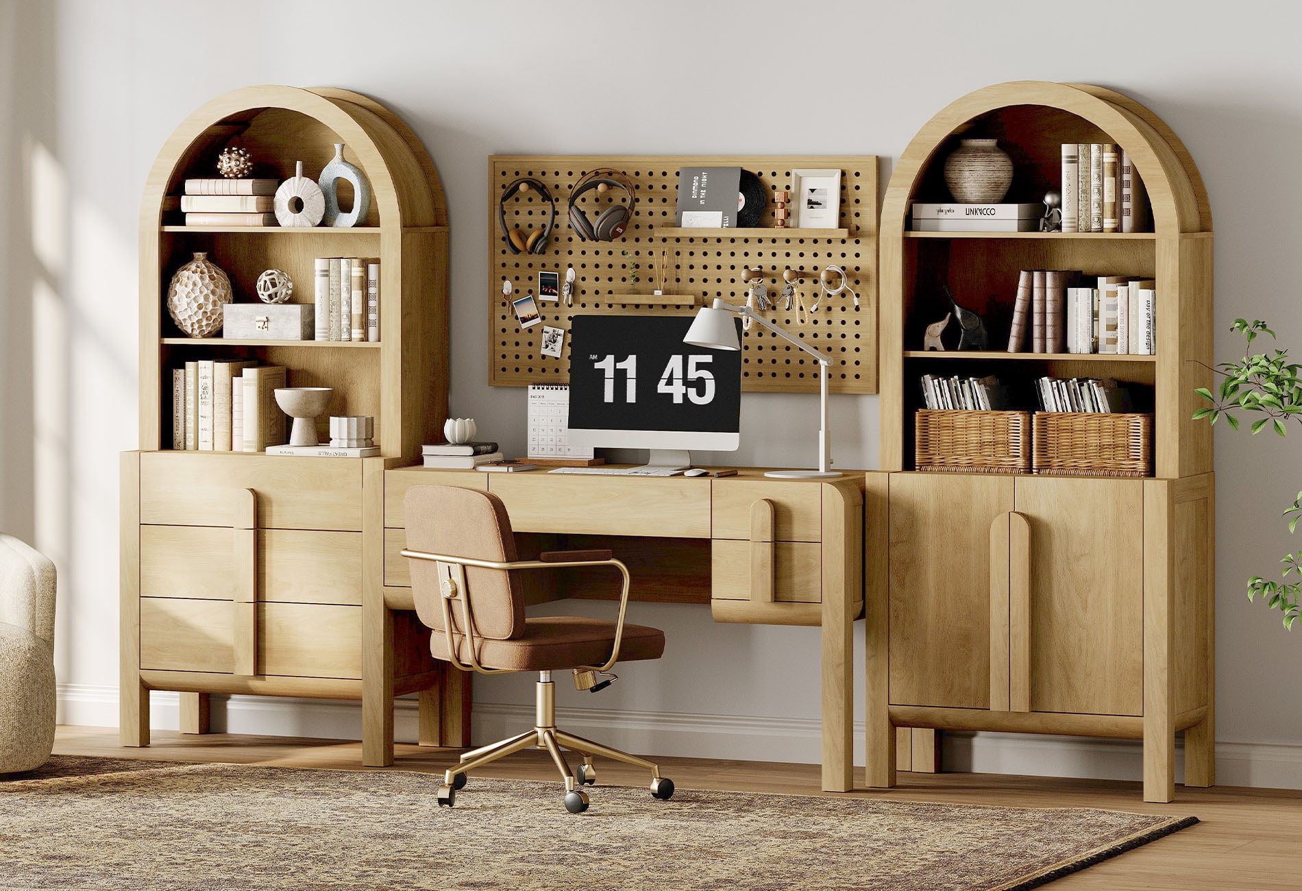 Modern Home Office Set, 53.5" Modern Executive Desk with Charging Station and Drawers & 2 Piece 71"H Tall 8-Tier Arched Bookcases with Cabinet for Living Room, Bedroom, Home Office