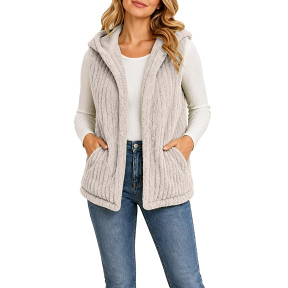 uublik Fleece Vest for Women Beige Casual Sleeveless Open Front Winter Warm Fuzzy Jacket with Pockets