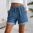 thumbnail image 3 of Gyujnb Women Casual Shorts, Drawstring Elastic Waist Roll‑Up Hem with Side Pockets,Blue, 3 of 4