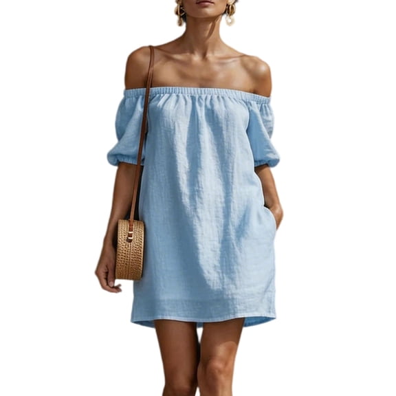 Hduncf Women's Off Shoulder A-Line Dress Plain Frilled Ruffled Hem Shirred Three Quarter Length Sleeve Mini Dress Blue L