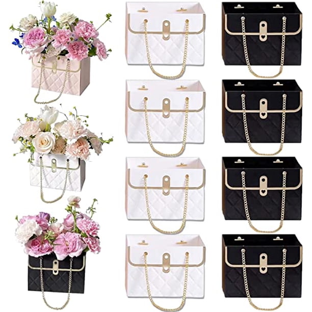 Nvzi 8 cajas de regalo de papel con flores, bolsas para ramos, cajas de flores con asa, cajas para arreglos florales, bolsas para envolver regalos de boda y San Valentín (blanco y negro)