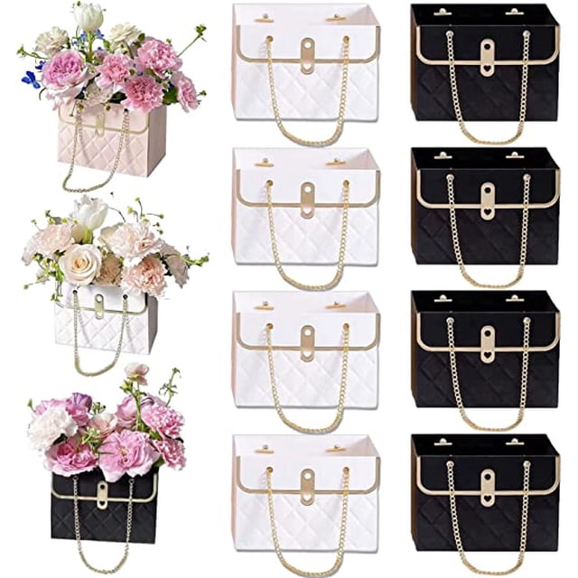 Nvzi 8 cajas de regalo de papel con flores, bolsas para ramos, cajas de flores con asa, cajas para arreglos florales, bolsas para envolver regalos de boda y San Valentín (blanco y negro)
