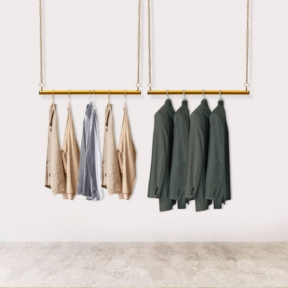 Gold Ceiling Mount Clothes Rack Garment Rack 4 Hooks Height Adjustable Hanging Clothes Rack Modern Clothes Storage Rack