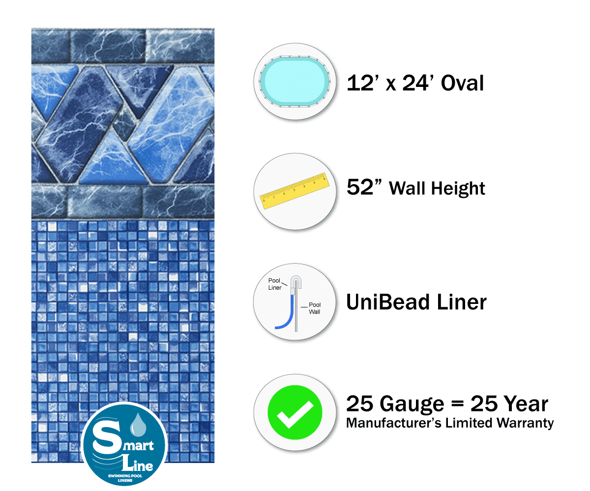 Universal Gasket Kit Included Designed for Steel Sided Above-Ground Swimming Pool UniBead Style 20 Gauge Virgin Vinyl 52-Inch Wall Height SmartLine Stone Harbor 12-Foot-by-24-Foot Oval Liner