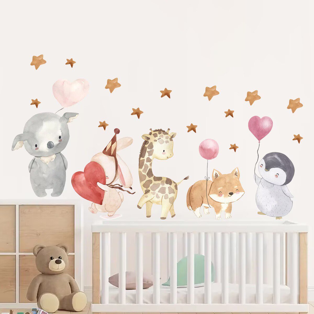 woodland forest wall decal, watercolor Animal balloon decals, baby nursery wall sticker, removable wall decal for kids, woodland animal mural, forest theme bedroom decor