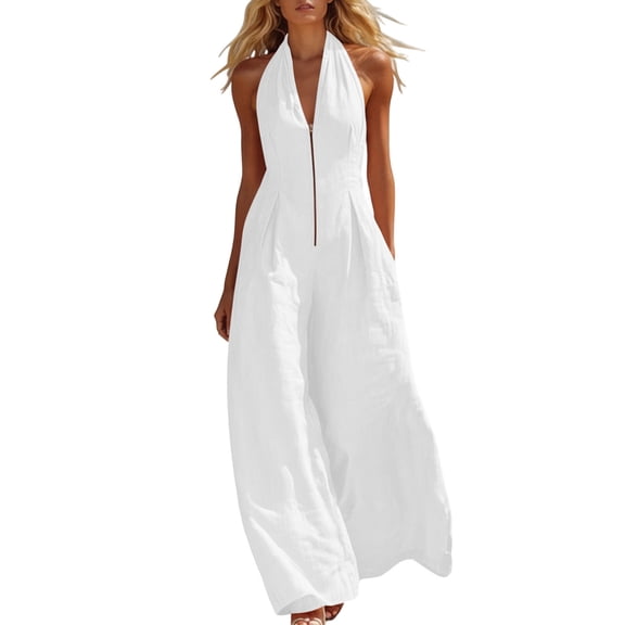 Women's Sleeveless Cotton Jumpsuit Wide Leg Halter Neck Flowy Casual Beach Vacation One Piece Pants with Pocket