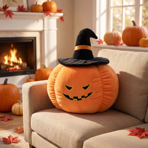 Euahivb Halloween Pumpkin Decorative Pillow 13.8 x 13.8 Inch Plush Stuffed Toy with Black Wizard Hat for Kids Room Living Room Couch Spooky Holiday Decor