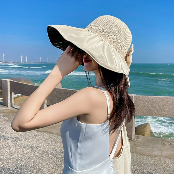 GZWYHT Beach Hats,Sun Hats Womens Outdoor Casual Bow Decoration Big Head Design Sun Hat Wide Brim Hats,Hats for Men Beige