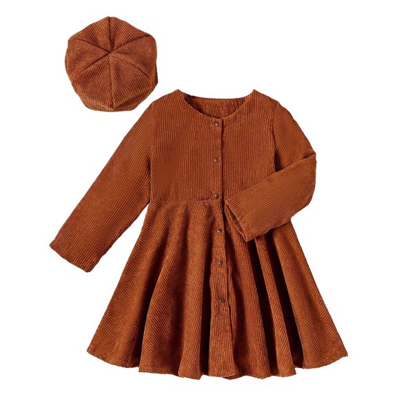 Mercatoo Toddler Baby Girl Cotton Linen Dress Long Sleeve Crew Neck Button Down Dresses Girls Casual Ribbed Dress with Hat