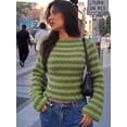 thumbnail image 2 of Women Boat Neck Striped Long Sleeve Sweater, Slim Fit Flare Cuff Knit Top for Autumn Daily Dating Outfits, 2 of 10