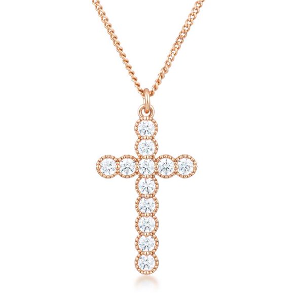 J Goodin P11483A-C01 26 x 19 mm Micro Beaded Rose Gold Plated Clear CZ Cross Pendant