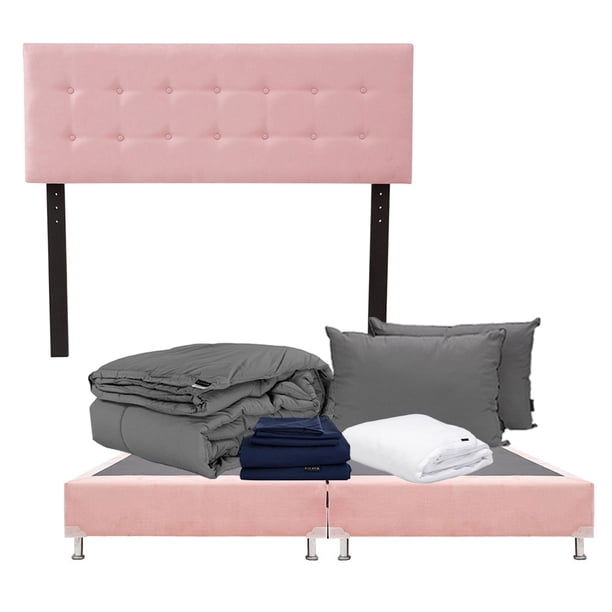 Box Base Cama King Size + Cabecera Bilbao Rosa + Almohada 2Pack + Protector Cloud + Sabanas Softy + Edredon Homy