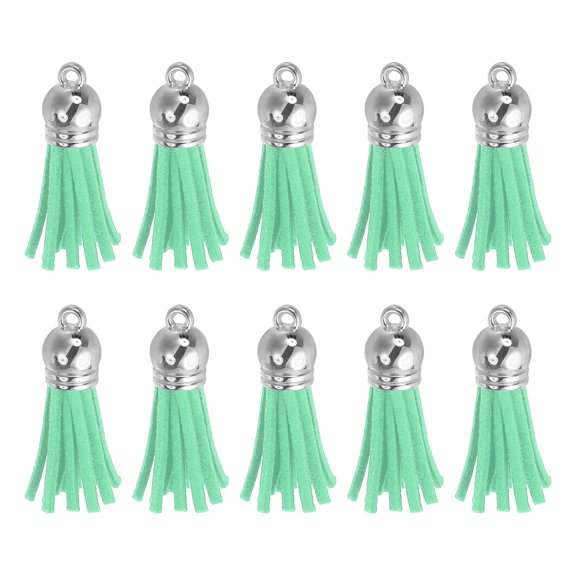 Uxcell 48 Pack Leather Tassel Keychain Charm Bulk for Pendant Bracelet Jewelry Making DIY Craft Decoration(1.5 Inch), Blue Green/Silver Cap