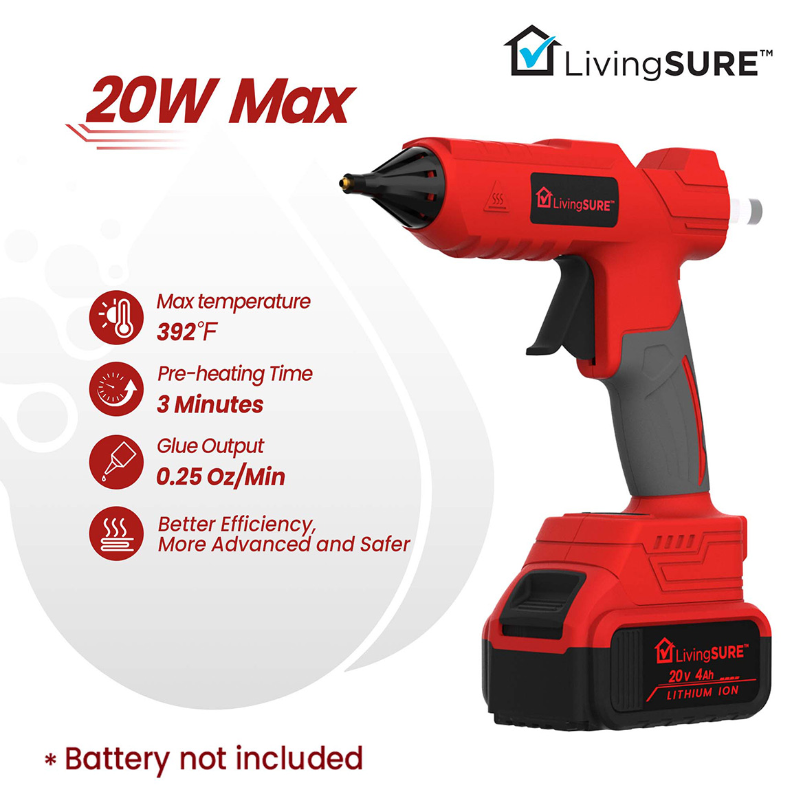 Cordless Hot Glue Gun by LivingSURETM Fast Preheating Hot Melt Glue Gun includes 20pcs Glue Sticks Ergonomic Easy Grip Handle - Battery Not Included