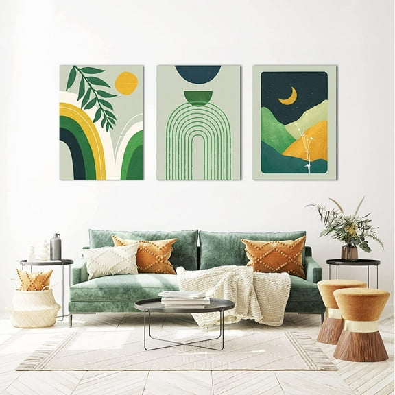 Framed Boho Wall Art Set of 3 Boho Wall Decor Mid Century Modern Wall Art, Neutral Abstract Geometric Canvas Prints Sage Green Boho Artwork 12" X 16" Ready To Hang for Bathroom Bedroom