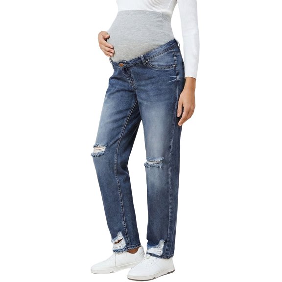 MEZZALL Solid Color Women High Waist Maternity Jeans Pregnancy Comfort Stretch Denim Over Belly Pants Loose Fit Straight Leg Casual Trousers Soft Pregnant Trousers