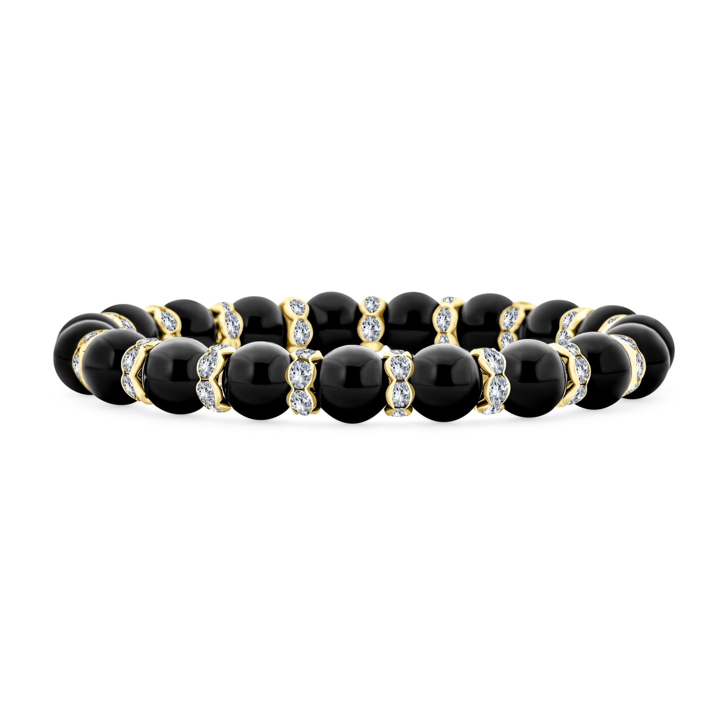 Black Onyx Ball Bead Stretch Bracelet Crystal Rondelle Gold Plated