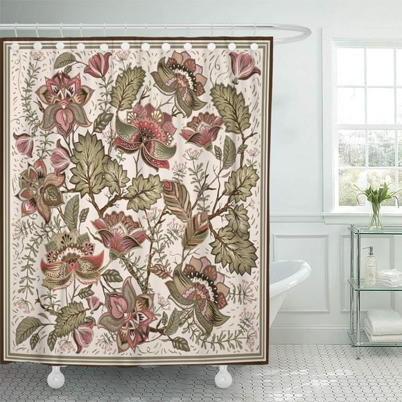 CYNLON Pink Flower for Pocket Shawl Colorful Floral Pattern Beige Bathroom Decor Bath Shower Curtain 66x72 inch