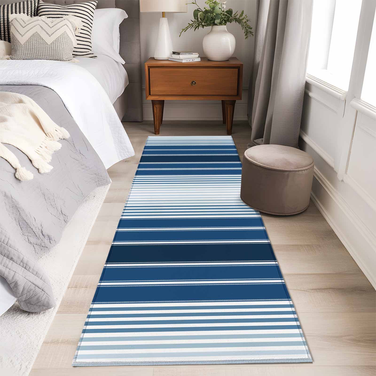 Navy Blue Stripe Area Rugs 2x6 for Kitchen Runner Rug, Modern Blue Ombre Vertical Striped Non Slip Washable Rug Runner, Low Pile Indoor Floor Carpet Mat Bathroom Rugs for Bedroom, Kids Room