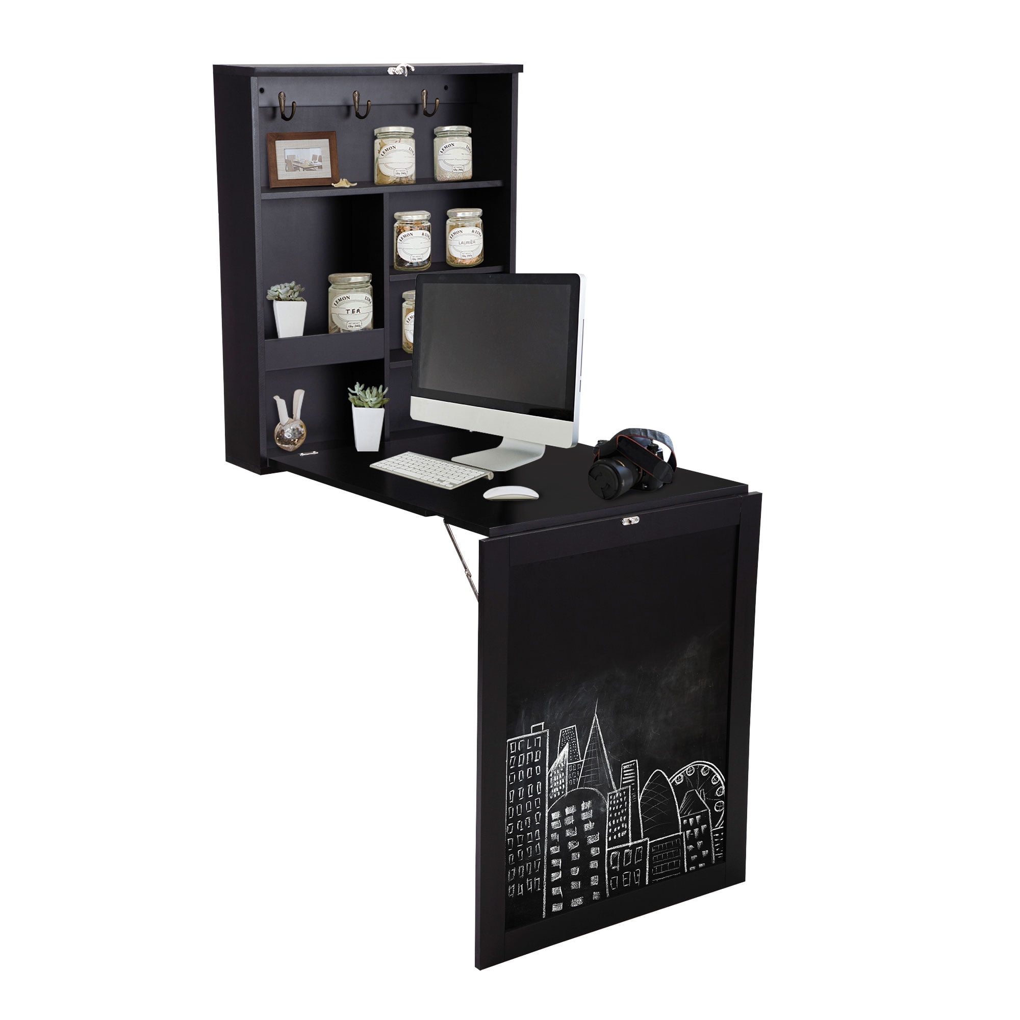 Lowestbest Wall-Mounted Desk, Foldable Computer Desk with Storage Shelf, Black Lowestbest Wall-Mounted Desk, Foldable Computer Desk with Storage Shelf, Black