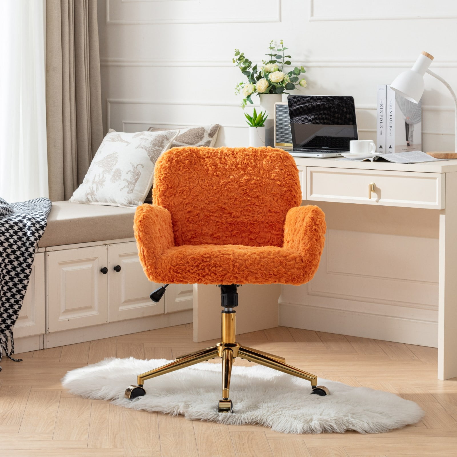 PAPROOS Office Chair, Velvet Upholstered Tufted Button Home Office Chair with Golden Metal Base, Adjustable Height, Swivel Ergonomic Task Chair, Luxury Desk Chair Computer Chair, Orange