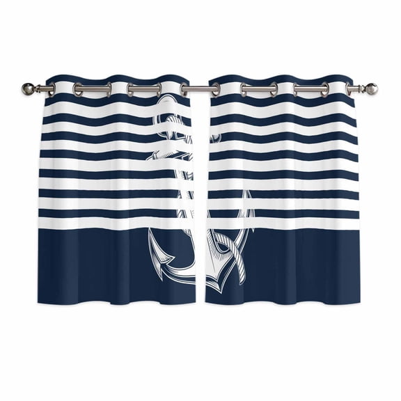 Navy Blue Anchor Kitchen Curtains Window Panels, Nautical Coastal Abstract Art Insulated Window Treatment Curtain, Grommet Curtains for Bedroom/Living Room/Bathroom, 2 Piece 42"Wx54"L